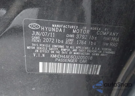 2012 Hyundai Elantra Gls (Ulsan Plant) z USA, uszkodzony, nr VIN KMHDH4AE6CU205018
